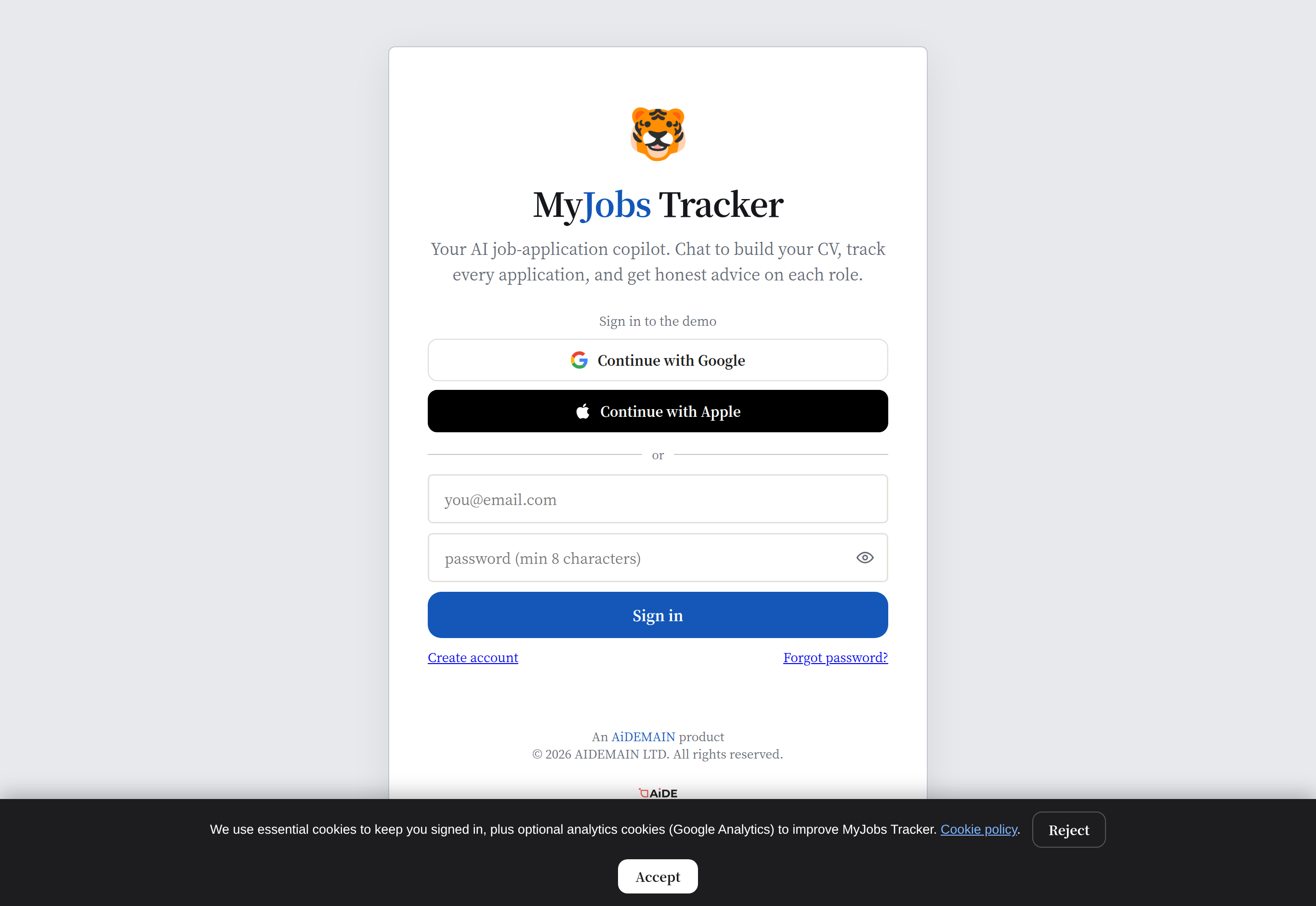 MyJobs Tracker — sign-in and brand